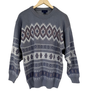 Vintage Towncraft Blue Grey Brown Geometric Patterned Oversized Crewneck Sweater